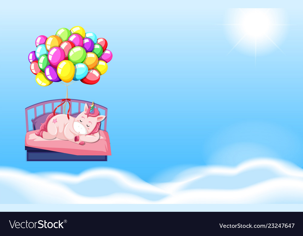 Unicorn sleeping in bed sky background.