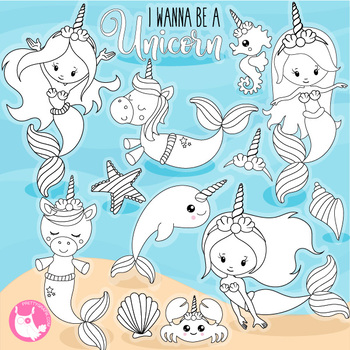 Sale Unicorn mermaid vector, commercial use black lines clipart.