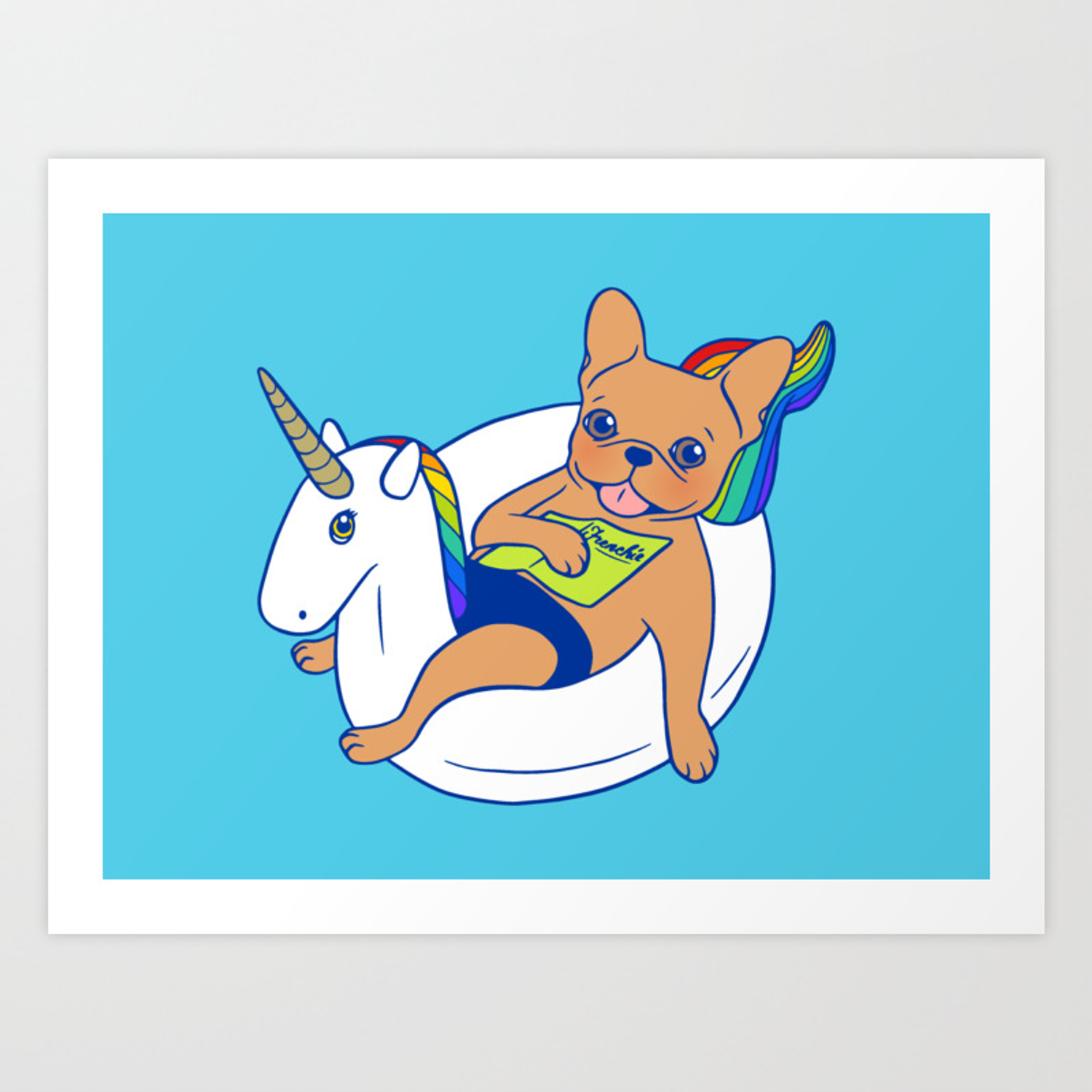 Frenchie enjoys summer on unicorn pool float in swimming pool Art Print.