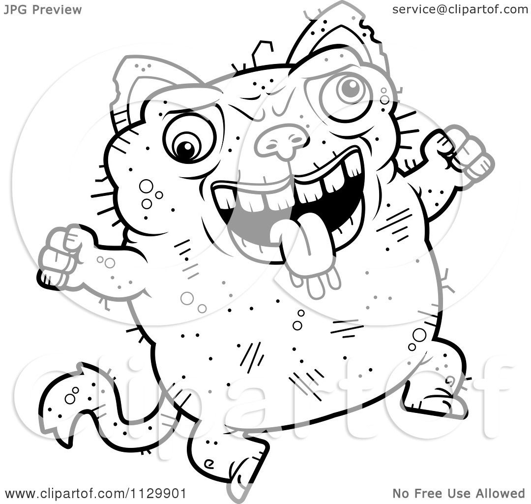 Cartoon Clipart Of An Outlined Jumping Ugly Cat.