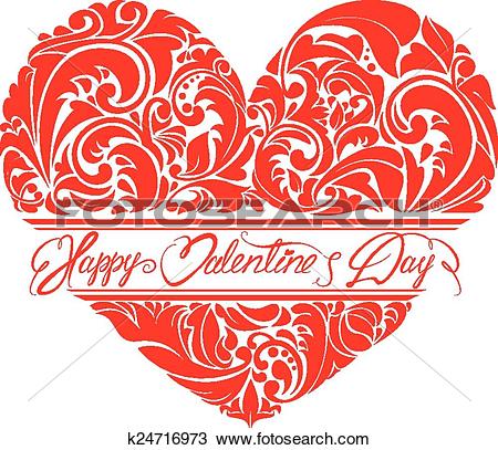 Clipart of Red ornamental floral heart with calligraphic text.