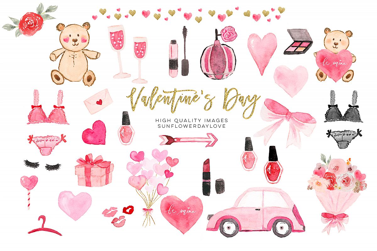 Valentines Day Planner Cliparts, Watercolor Heart Clipart.