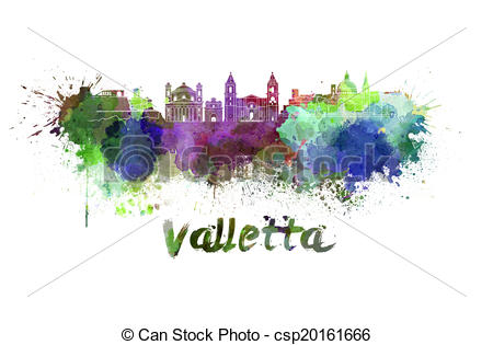 Stock Illustration of Valletta skyline in watercolor splatters.