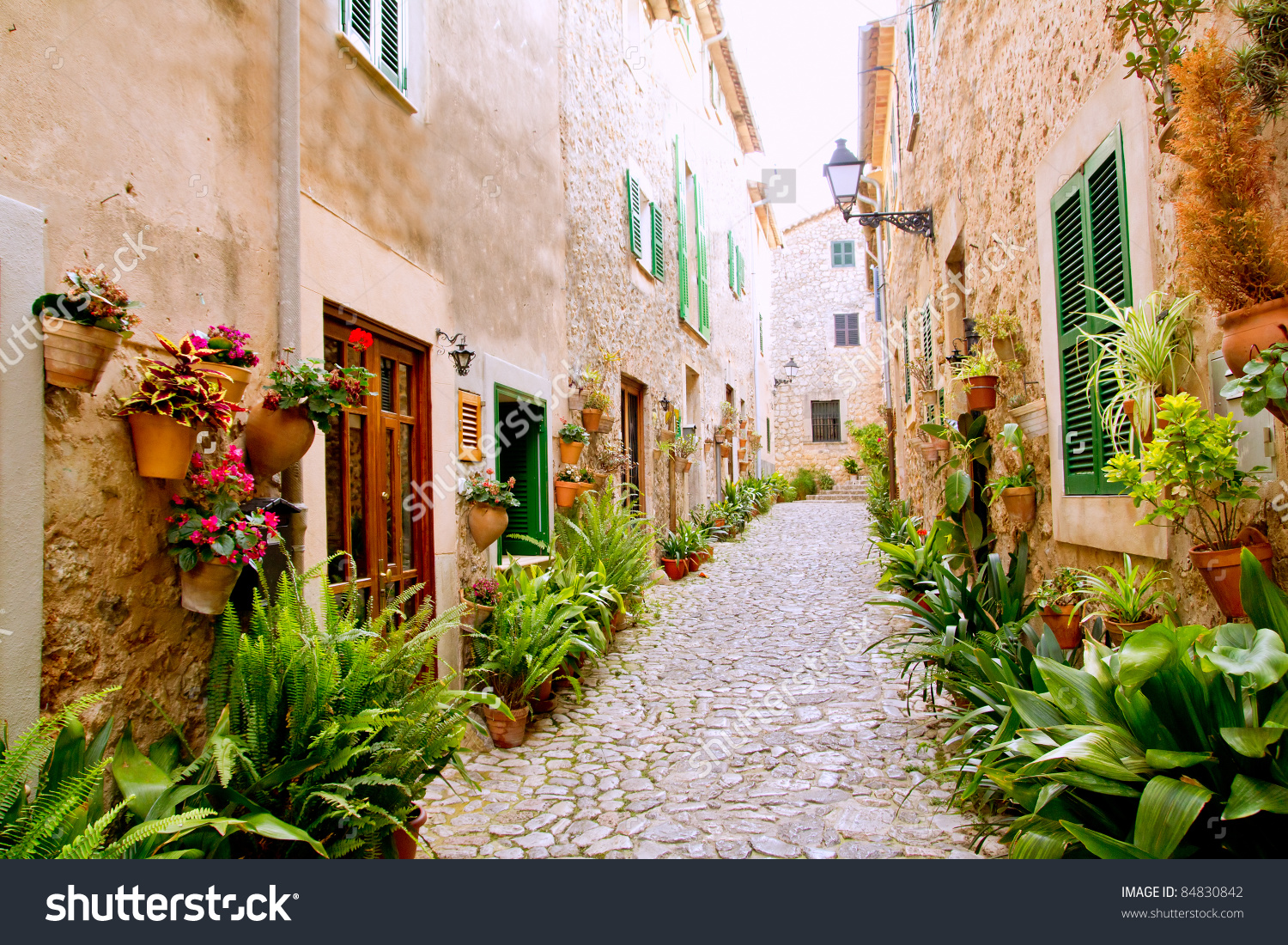 Majorca Valldemossa Typical Village With Flower Pots In Facades At.