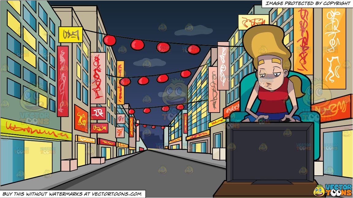 A Bored Woman Playing A Video Game and A Street In Chinatown At Night  Background.