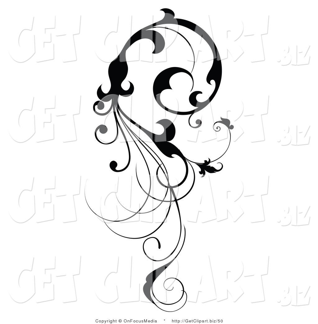 Clip Art of a Vertical Black Silhouetted Scroll Vine Design.