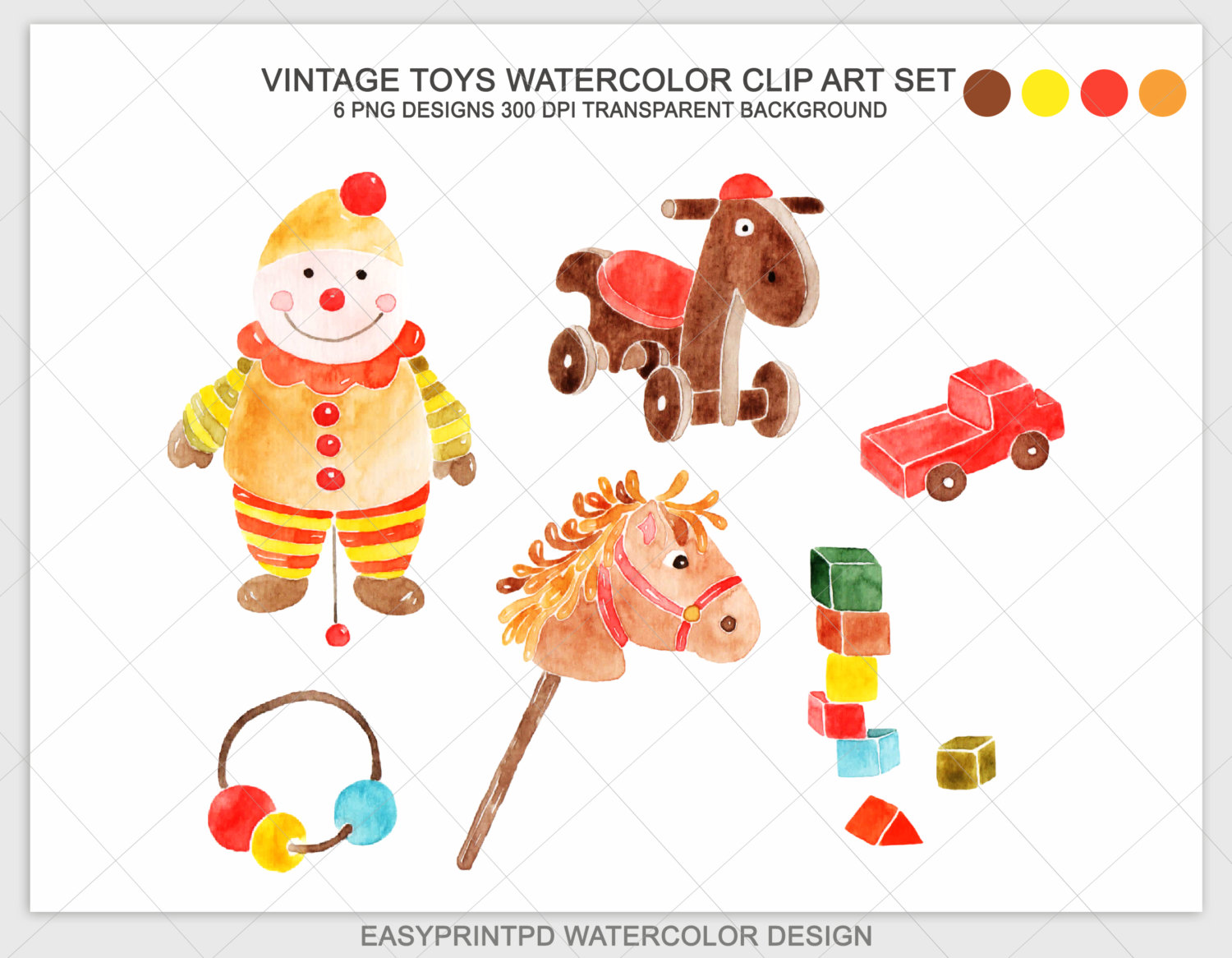 Watercolor Hand Painted Vintage Toys Clipart Christmas Toys.