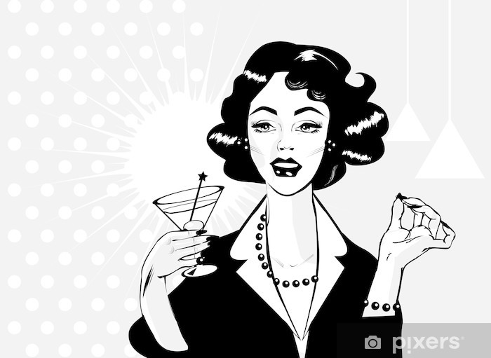 Woman drinking martini or cocktail retro vintage clipart Wall Mural.