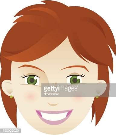 Cute young woman with short red hair, green eyes. Clipart.