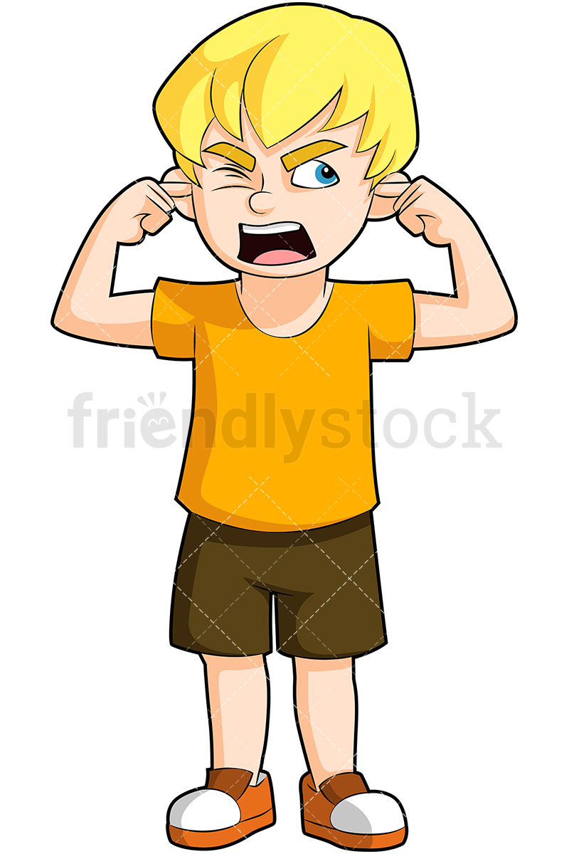 A Little Boy Covering His Ears, Mouth Wide Open As If Yelling.