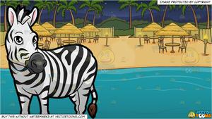 A Zebra Looking Off To The Side and A Beach View Dinner Site Background.