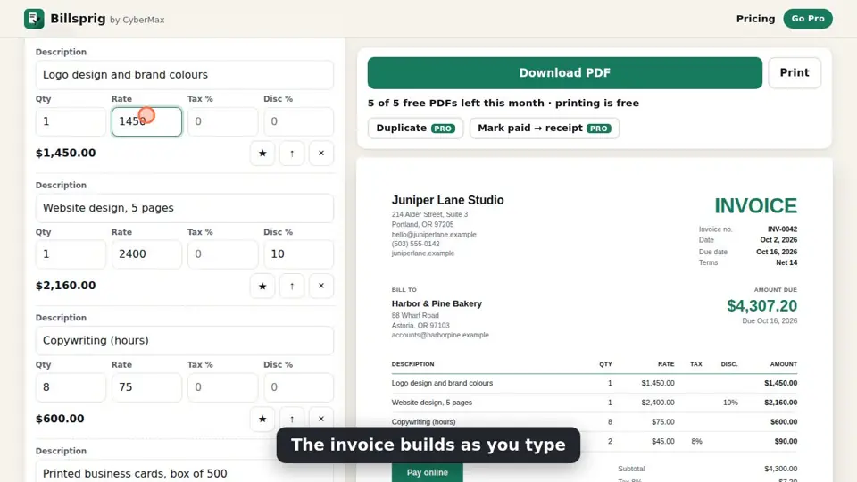 Billsprig: a professional PDF invoice as you type