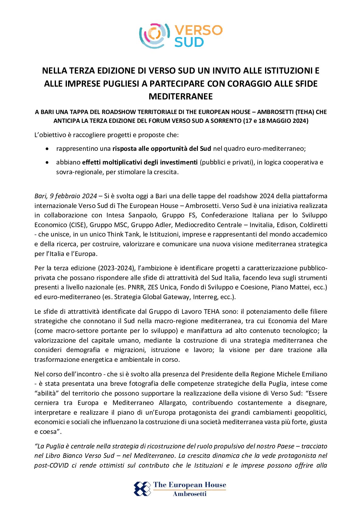 Comunicato stampa - Nella terza edizione di Verso Sud un invito alle istituzioni e alle imprese pugliesi 