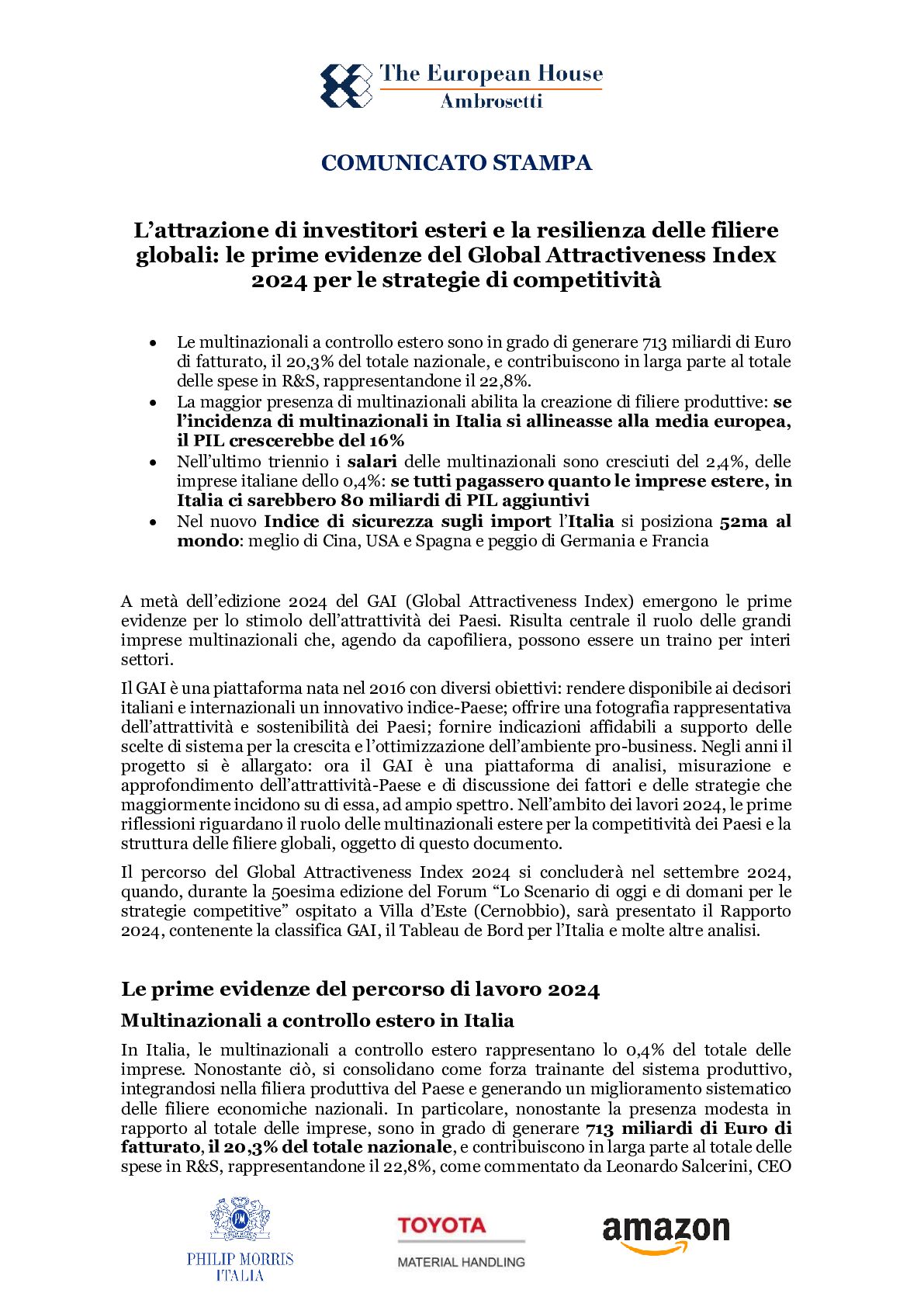 Comunicato stampa - L’attrazione di investitori esteri e la resilienza delle filiere globali