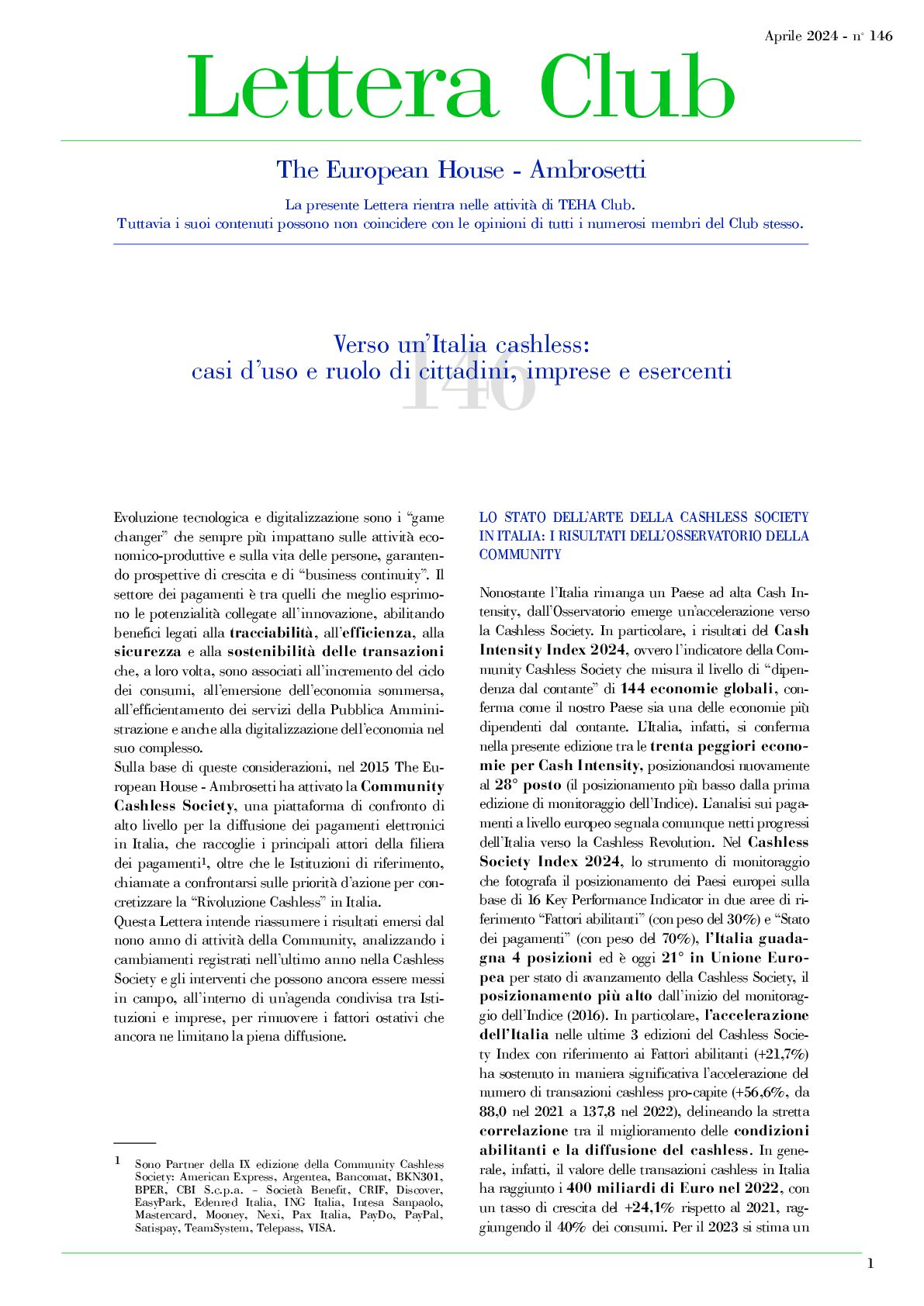 Lettera Club n. 146 - Verso un’Italia cashless: casi d’uso e ruolo di cittadini, imprese e esercenti