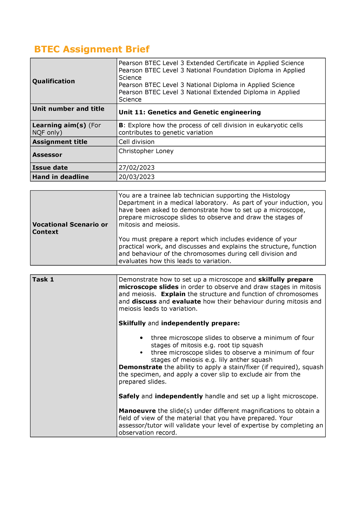 Cell division assignment - BTEC Assignment Brief Qualification Pearson ...