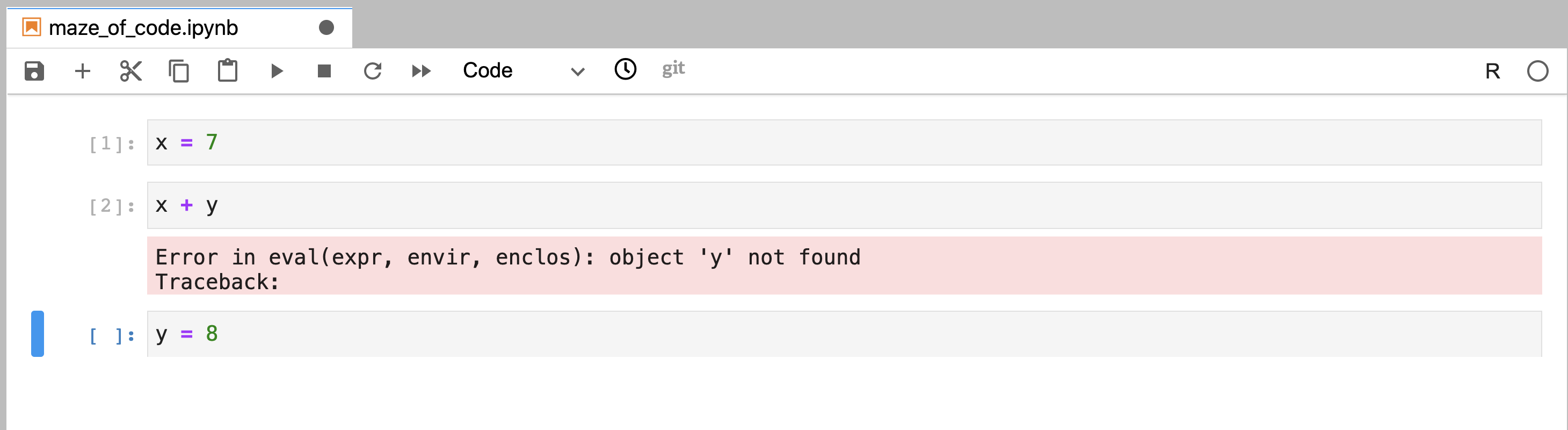 Code that was written out of order, and was executed in a linear order using “Restart Kernel and Run All Cells…” This resulted in an error at the execution of the second code cell and it failed to run all code cells in the notebook.