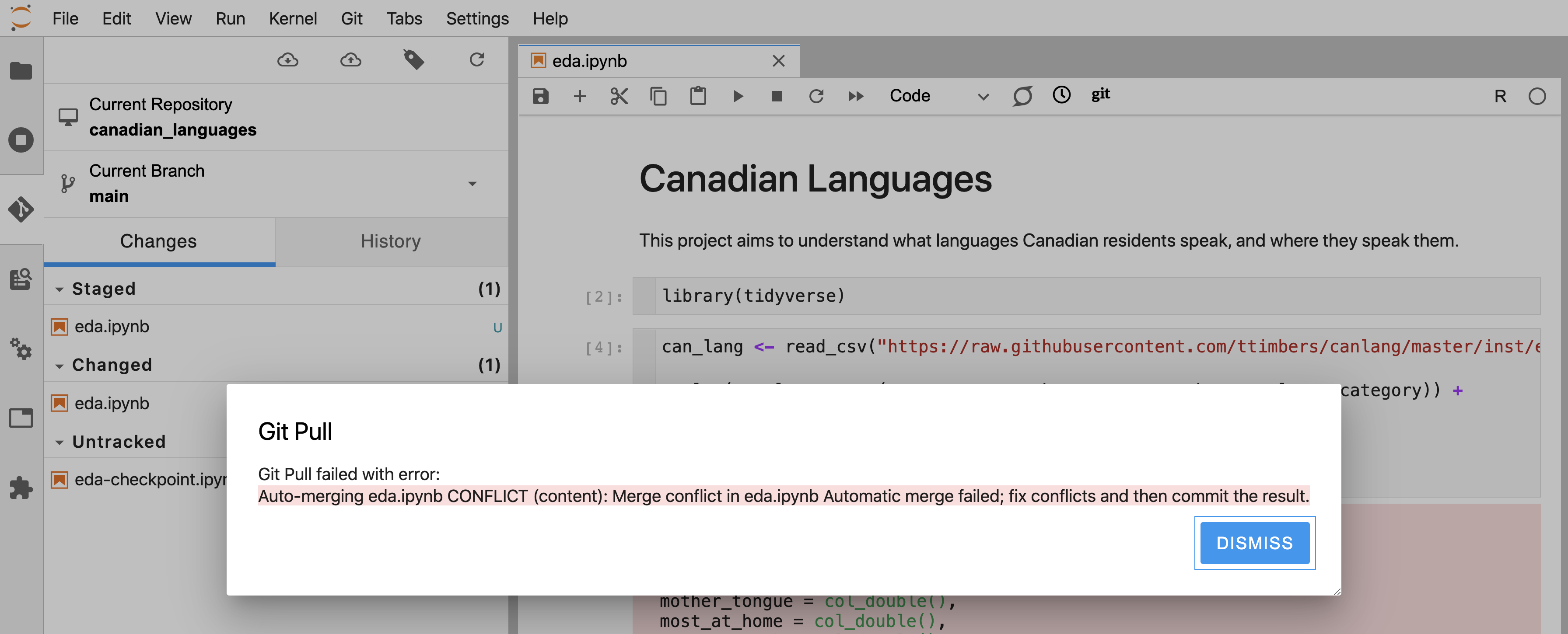 Error message that indicates you and your collaborators made changes to the same line of the same file and that Git will not be able to automatically merge the changes.