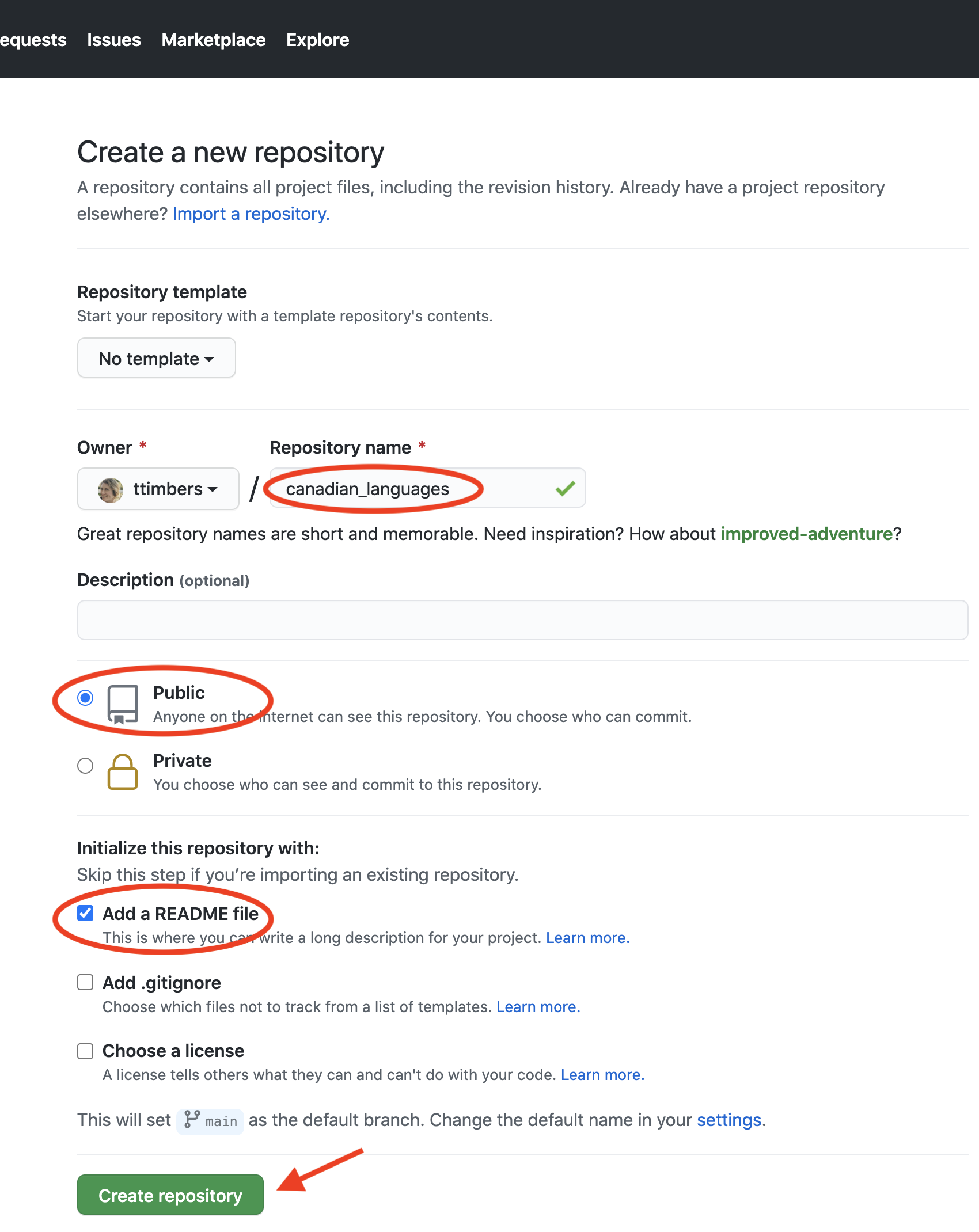 Repository configuration for a project that is public and initialized with a README.md template file.