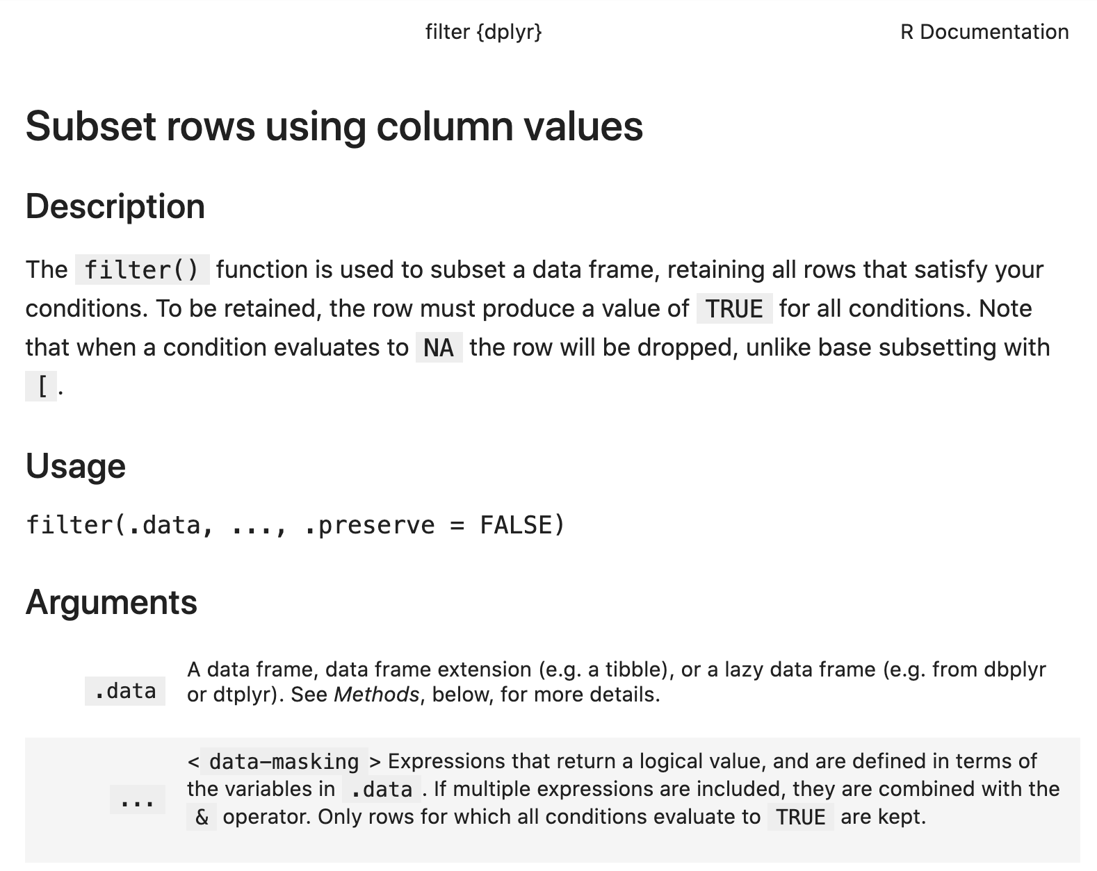 The documentation for the filter function, including a high-level description, a list of arguments and their meanings, and more.