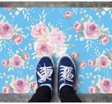ROSE BLOSSOMS ON BLUE floral vinyl rug - TenStickers
