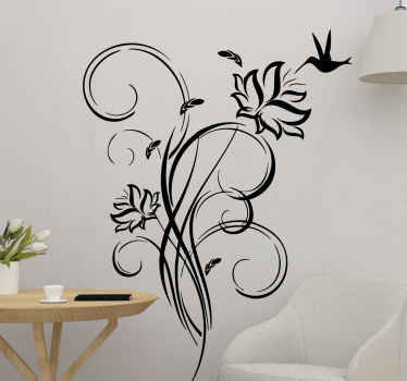 Sticker mural salon motif floral et colibri - TenStickers