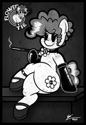 Size: 1260x1842 | Tagged: safe, artist:isaac_pony, oc, oc only, oc:flower tie, earth pony, pony, semi-anthro, 30s, anatomically incorrect, arm hooves, black and white, black and white cartoon, butt, butt freckles, cartoon, cartoony, cigarette, clothes, derp, female, flower, freckles, grayscale, huge butt, incorrect leg anatomy, large butt, latex, latex socks, logo, looking at you, mare, monochrome, pac-man eyes, poster, rubber hose animation, shoes, smiling, socks, vector, vintage