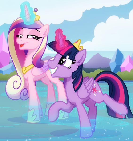 Size: 1733x1841 | Tagged: safe, alternate version, artist:whitequartztheartist, princess cadance, twilight sparkle, alicorn, pony, comic:the princess of love, g4, crown, featured image, female, glowing, glowing horn, grin, height difference, hoof shoes, horn, jewelry, looking at each other, looking at someone, magic, mare, open mouth, outdoors, partially submerged, peytral, physique difference, princess shoes, regalia, show accurate, sisters-in-law, slender, smiling, sparkles, standing in water, starry eyes, style test, the princess of love test art, thin, twilight sparkle (alicorn), water, wingding eyes