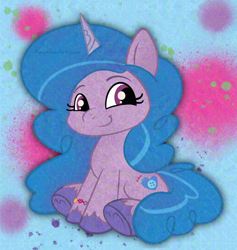 Size: 2038x2152 | Tagged: safe, artist:amynewblue, izzy moonbow, pony, unicorn, g5, blue mane, bracelet, cute, female, friendship bracelet, horn, izzybetes, jewelry, looking at you, mare, paint splatter, smiling, smiling at you, solo, underhoof, unshorn fetlocks