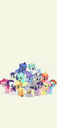 Size: 1080x2400 | Tagged: artist needed, source needed, safe, applejack, big macintosh, bon bon, derpy hooves, fluttershy, lyra heartstrings, pinkie pie, princess celestia, princess luna, rainbow dash, rarity, sweetie drops, trixie, twilight sparkle, zecora, g4, colt, female, filly, foal, male, multicolored hair, rainbow hair, younger