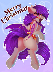 Size: 2992x4096 | Tagged: oc name needed, safe, artist:kebchach, oc, oc only, bat pony, pony, bat pony oc, bat wings, butt, butt focus, chest fluff, christmas, commission, ear fluff, ear piercing, earring, female, heart, holiday, jewelry, leg fluff, mare, merry christmas, open mouth, piercing, plot, solo, sparkles, underhoof, wings, ych result