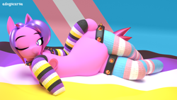 Size: 1920x1080 | Tagged: safe, artist:adogscurse, oc, oc only, oc:rotation gizmo, earth pony, pony, semi-anthro, 3d, 3d model, belly, blender, blender cycles, choker, clothes, female, looking at you, lying down, nonbinary pride flag, on side, one eye closed, pride, pride flag, purple eyes, purple hair, purple mane, smiling, socks, solo, spiked choker, stockings, striped socks, tail, thigh highs, transgender pride flag, underhoof, wink, winking at you