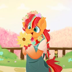 Size: 1240x1240 | Tagged: safe, artist:skylinepony_, sunny starscout, earth pony, pony, semi-anthro, g5, cute, floral necklace, flower, hoof hold, mane stripe sunny, outdoors, solo, sunnybetes