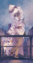 Size: 3200x6026 | Tagged: safe, artist:saxopi, oc, oc only, oc:jinx kurai, kirin, semi-anthro, arm hooves, beanie, bridge, clothes, cloven hooves, eyeshadow, female, hat, horn, kimono (clothing), kirin oc, looking at you, makeup, mare, outdoors, scales, shoes, snow