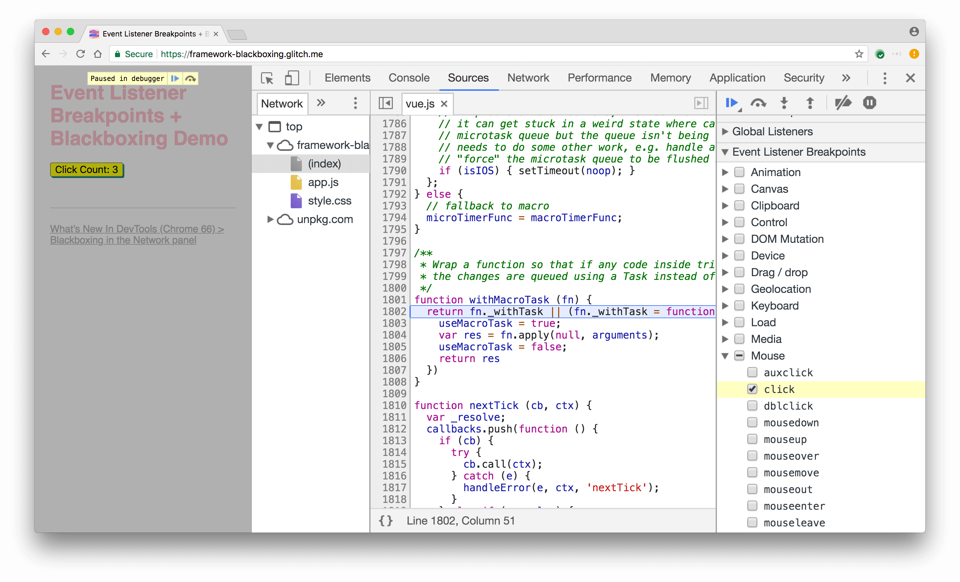 Titik henti sementara klik dijeda di Vue.js kode wrapper standar.