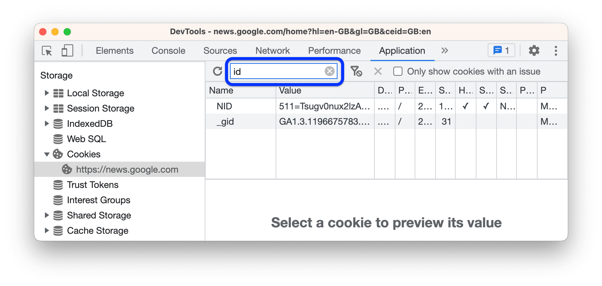 Filtrar todos os cookies que não contêm &quot;id&quot;.