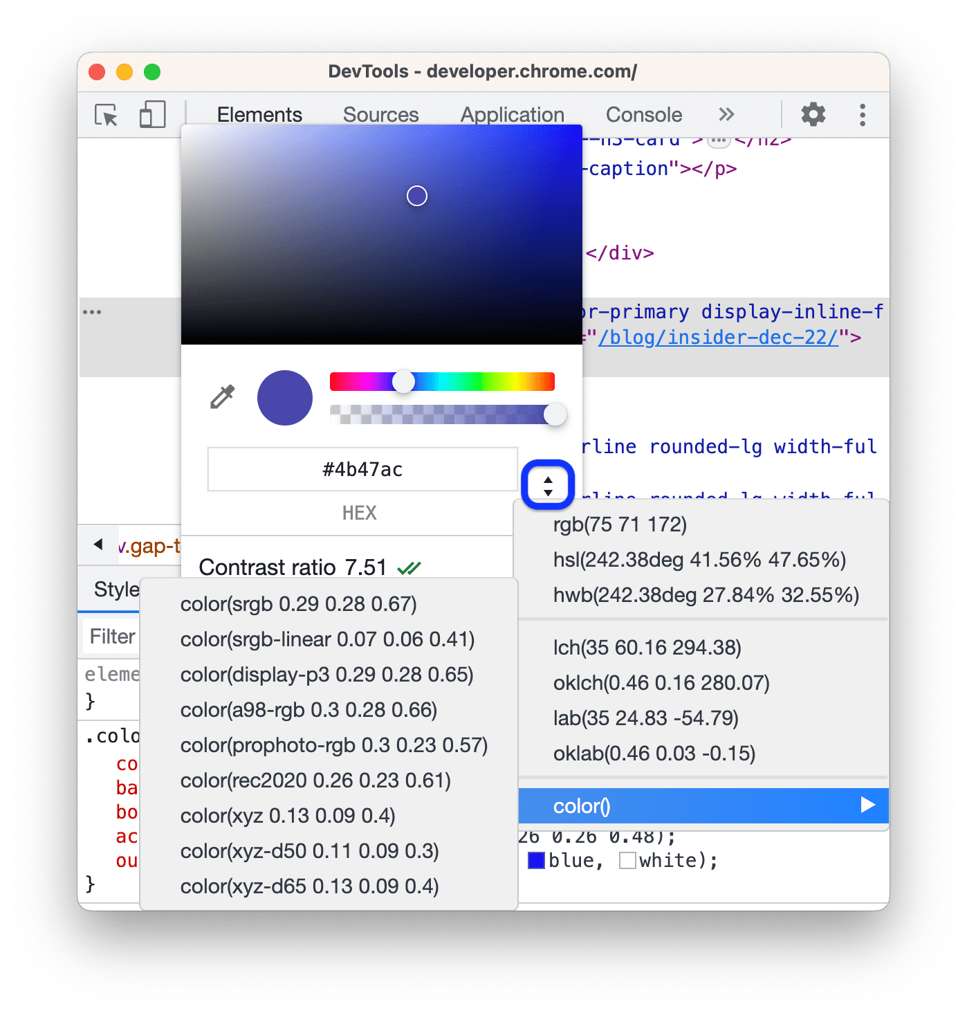 The drop-down list with all the supported color spaces.