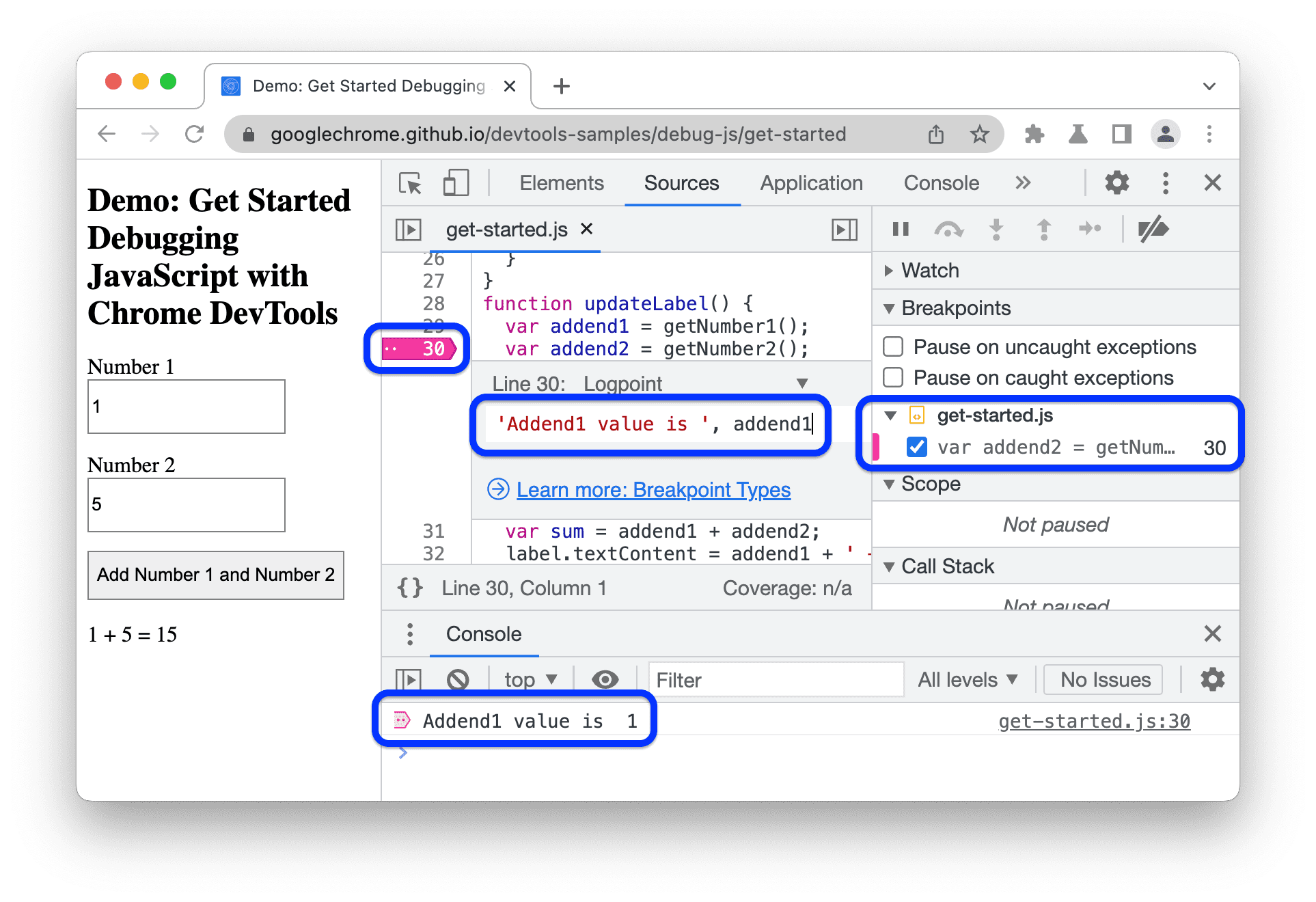 Een logpunt dat een tekenreeks en een variabelewaarde in de console registreert.