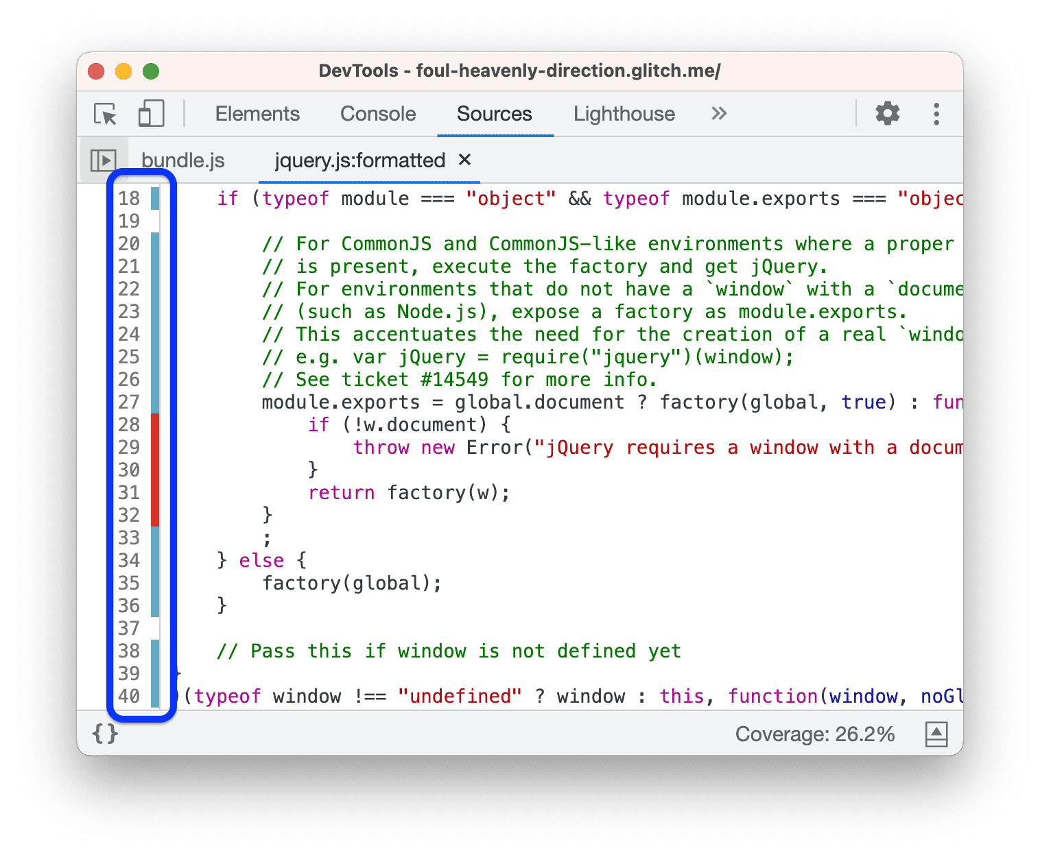 在“来源”面板中查看 jQuery 文件。