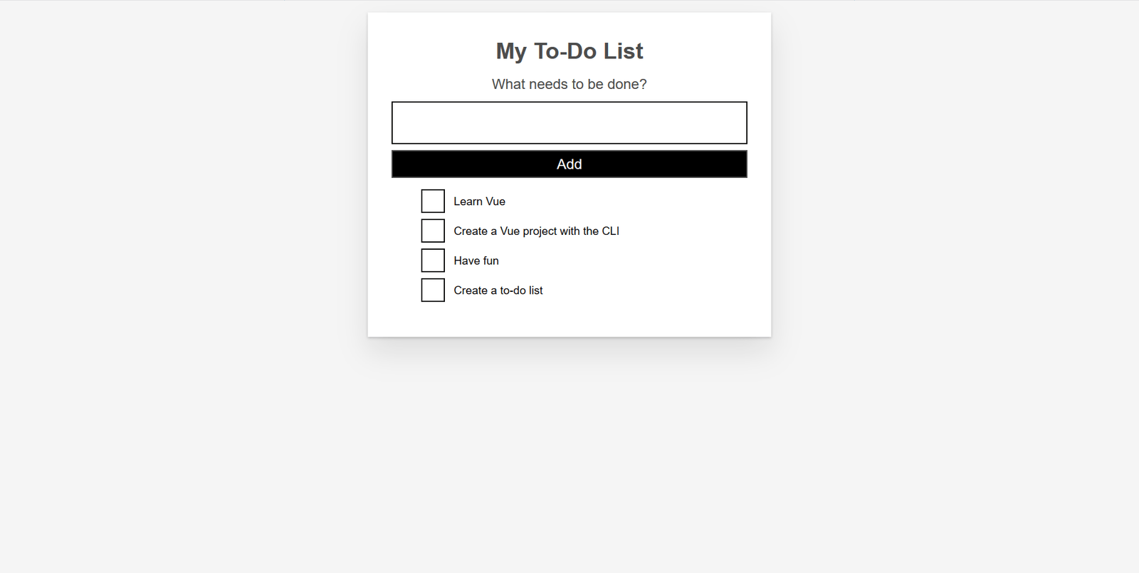 die To-Do App mit vollständigem Styling. Das Eingabeformular ist jetzt richtig gestylt und die To-Do-Elemente haben jetzt Abstände und benutzerdefinierte Kontrollkästchen