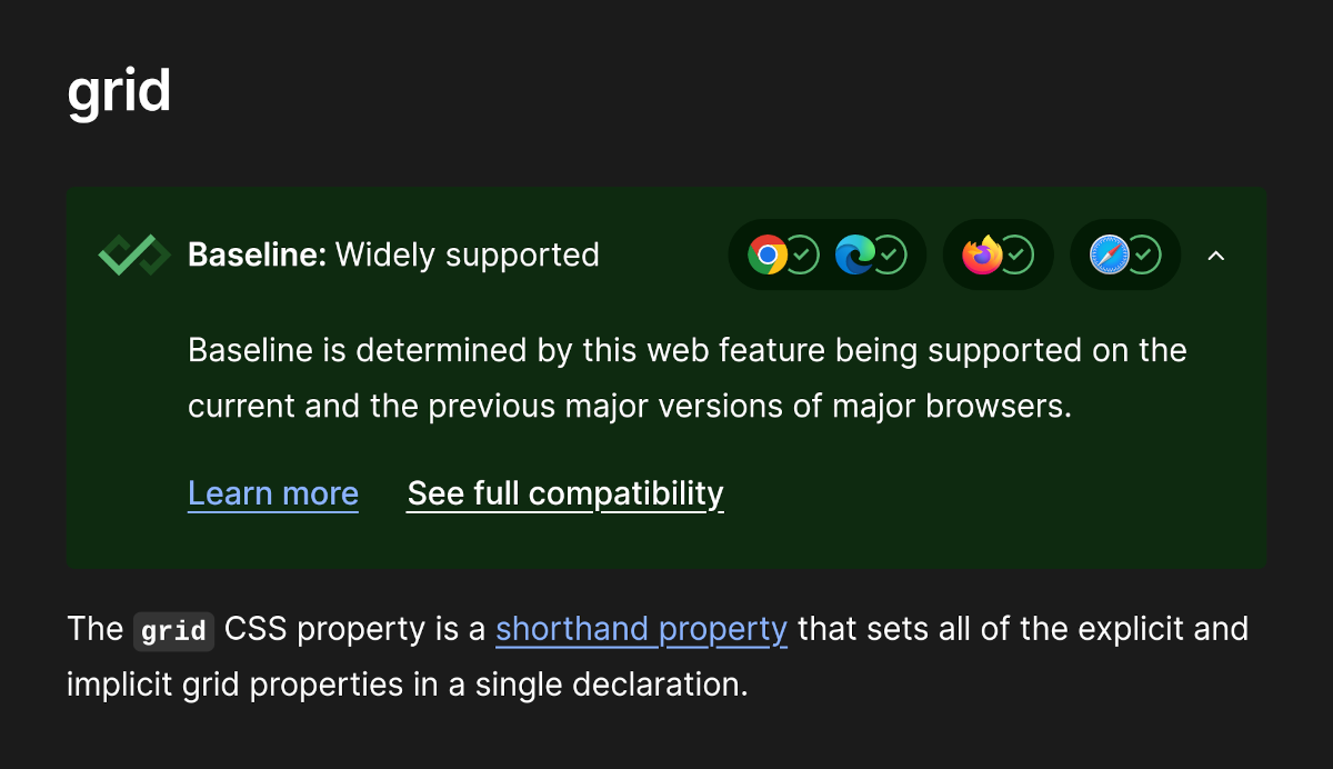 A screenshot of the baseline feature on the CSS Grid MDN page