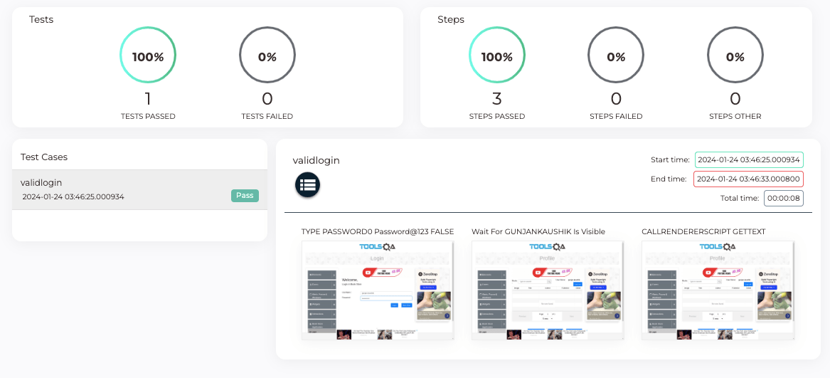 Screenshot of TestGrid's Build Summary for web login test case showing the number of tests (passed or failed), number of steps (passed or failed) screenshots, execution time, and status