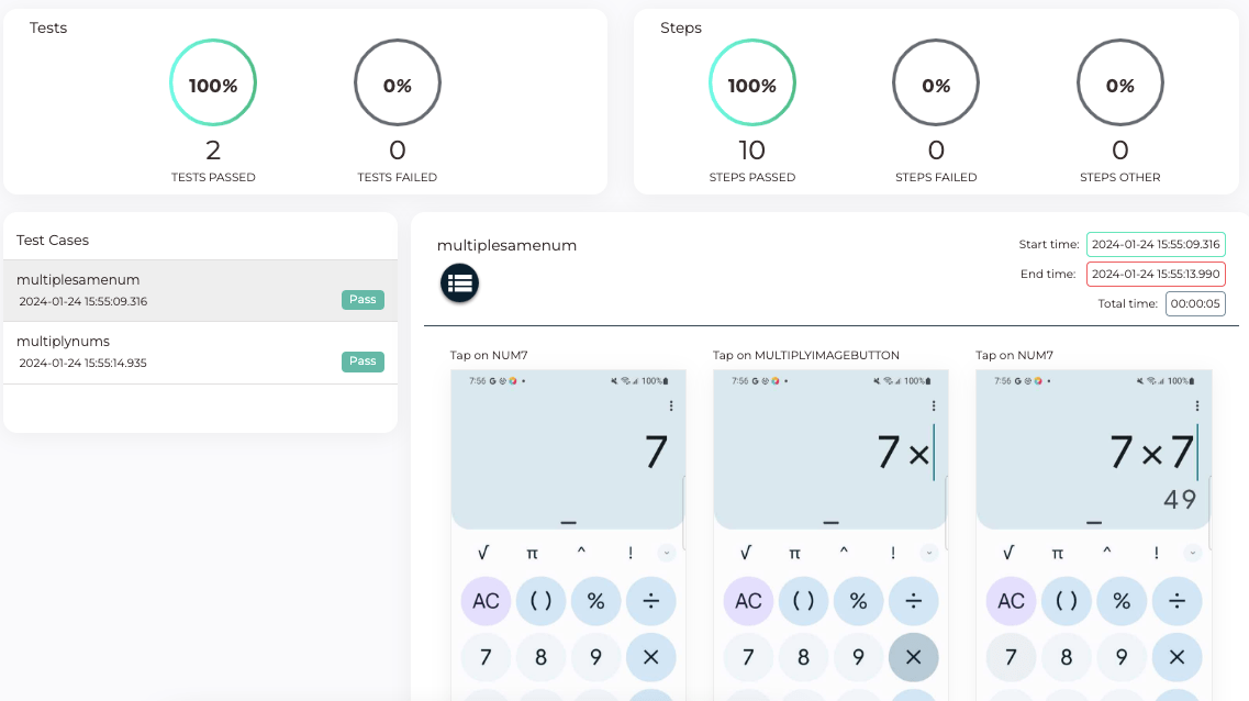 Screenshot of TestGrid's Build Summary for multiplication test case showing the number of tests (passed or failed), number of steps (passed or failed) screenshots, execution time, and status