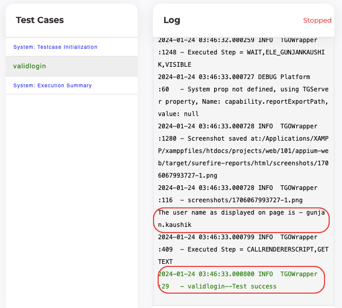 Screenshot of TestGrid's test execution showing live logs and test status updates