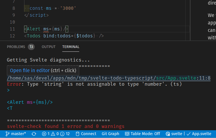 Check command being run inside VS Code showing type error, ms variable should be assigned a number