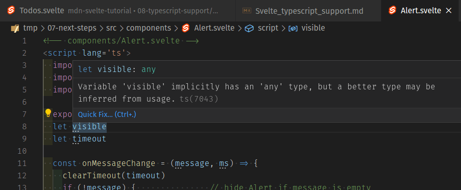 VS Code screenshot showing that when you add type="ts" to a component, it gives you three dot alert hints