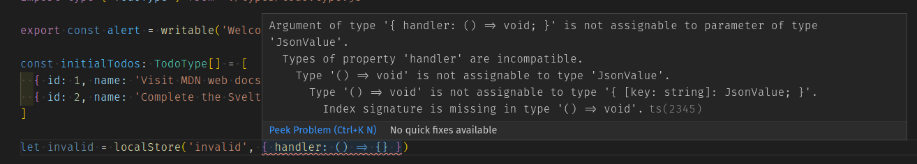 VS Code showing an error with using our store — it fails when trying to set a local storage value to something incompatible with JSON stringify