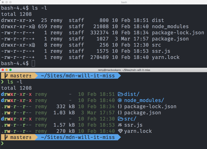 A vanilla macOS terminal and a more colorful custom macOS terminal, showing a file listing - the result of running the ls -l command