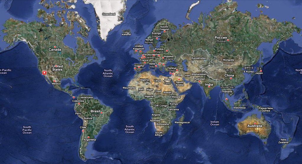 World map with the location of top contributors' countries marked with pins