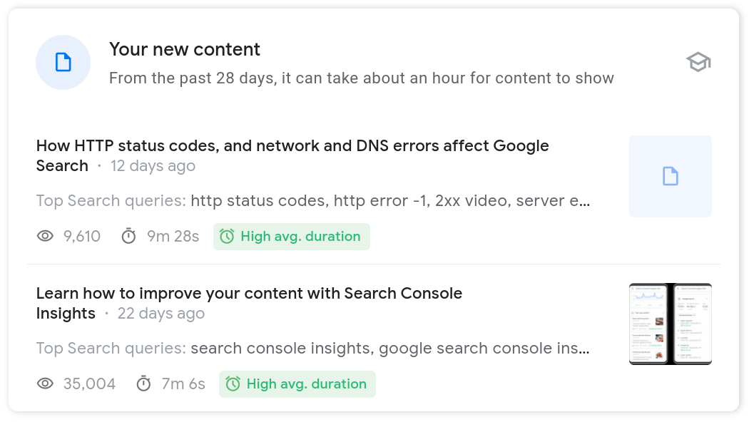 Kartu konten baru Search Console Insights